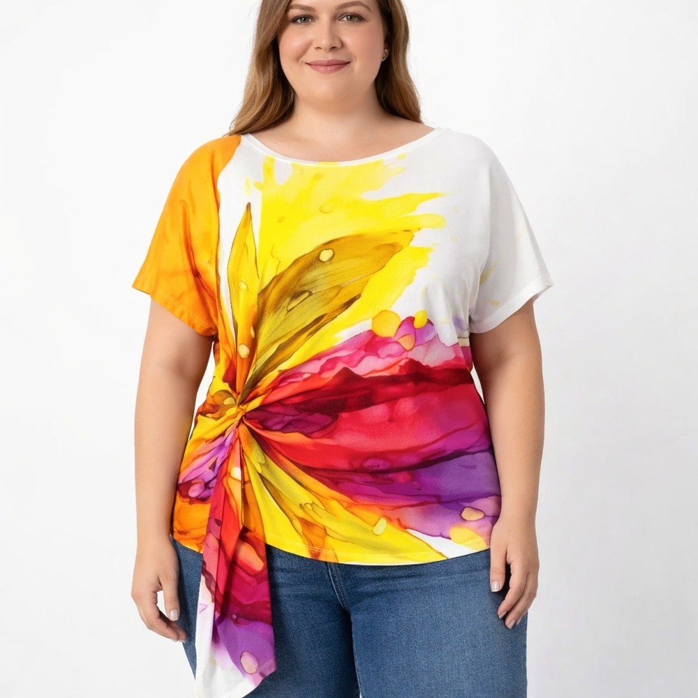Stylewe 2XL‎ Yellow Red Floral Abstract Tie Hem Top Short Sleeve Resort Blouse